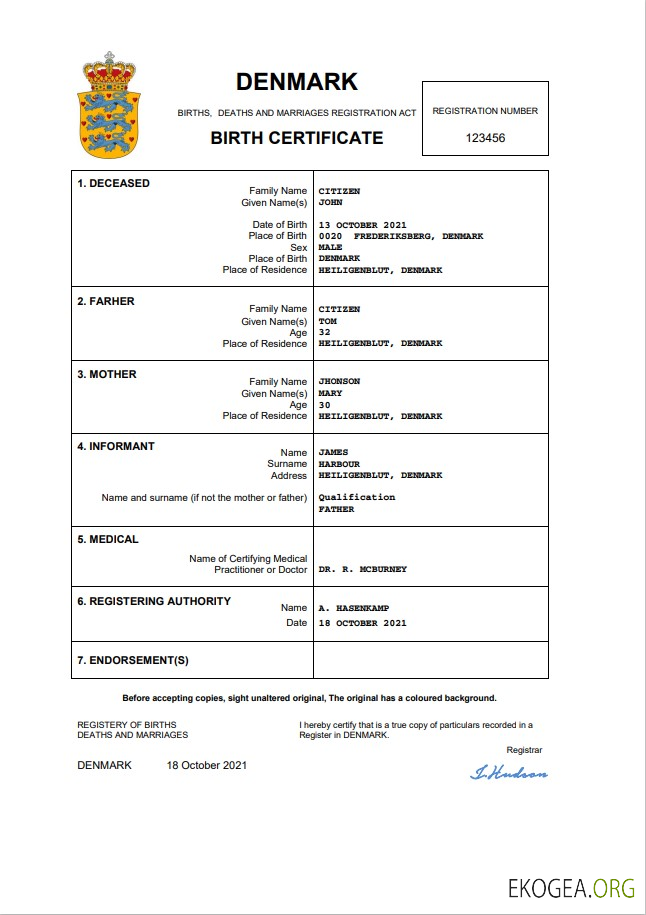 Modèle Word et PDF d'acte de naissance d'acte d'état civil du Danemark
